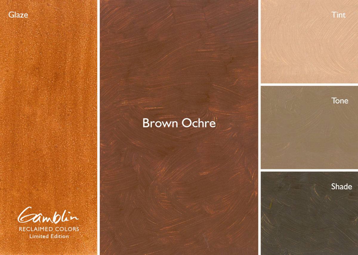 Gamblin Brown Ochre color swatch with glaze, tint, tone, shade