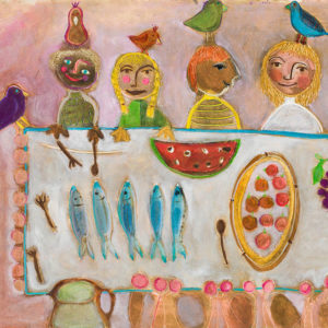 Gamblin Cold Wax painting example with characters around a dinner table with fish