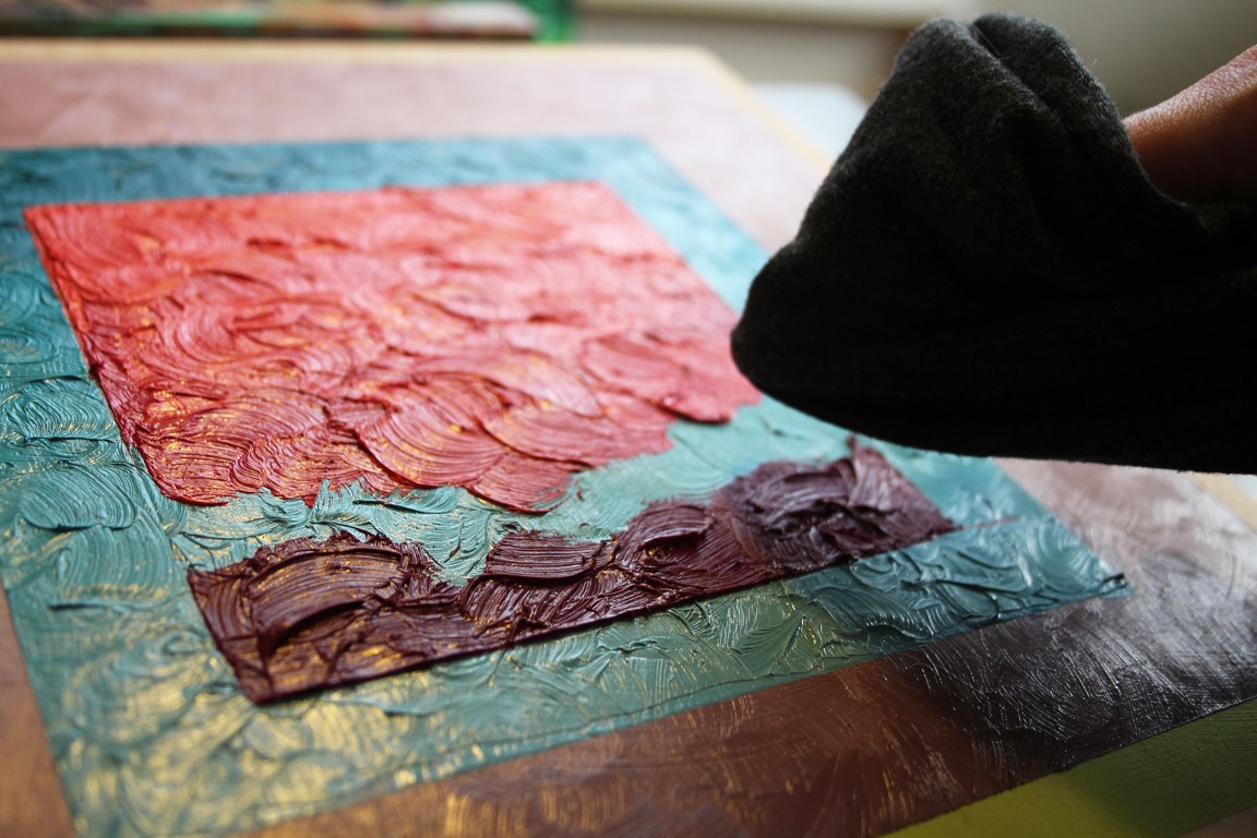 varnishing with cold wax textured art